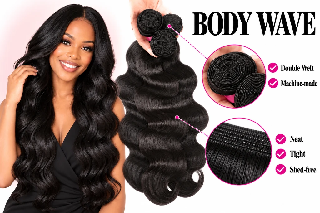 Smiling model in a black top beside Body Wave hair bundles