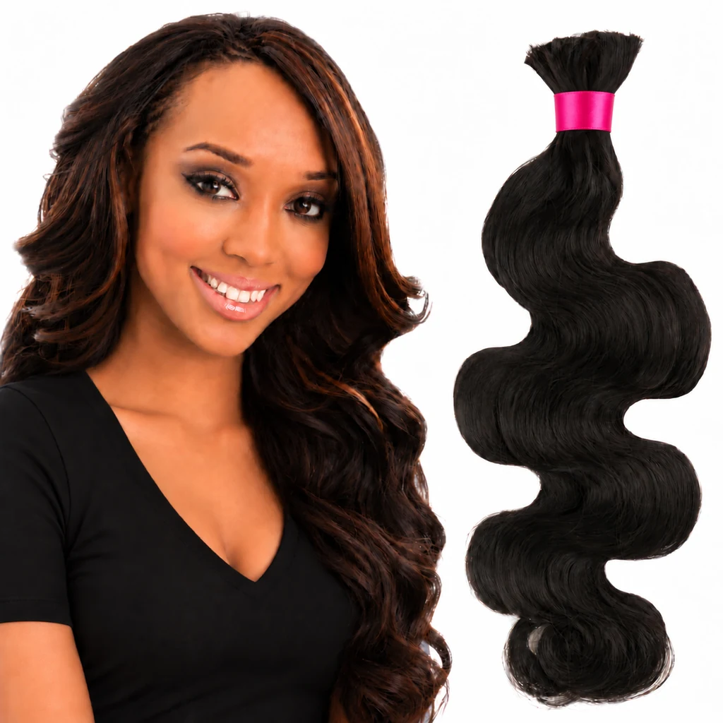 Smiling model in a black top beside braiding bulk hair