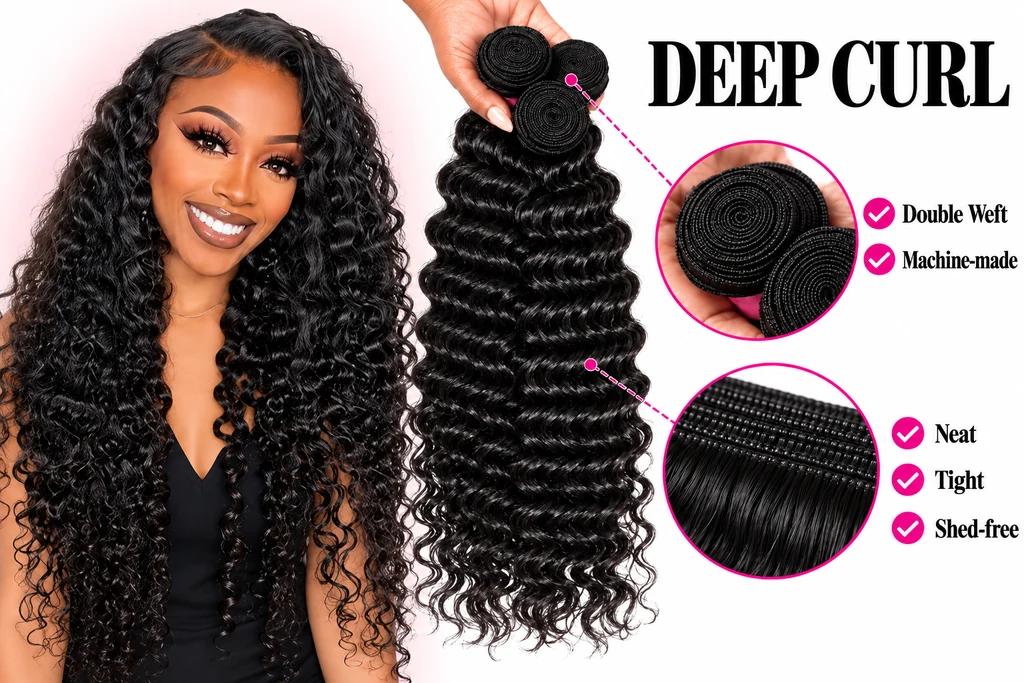 Smiling model in a black top beside a Deep Curl hair bundle