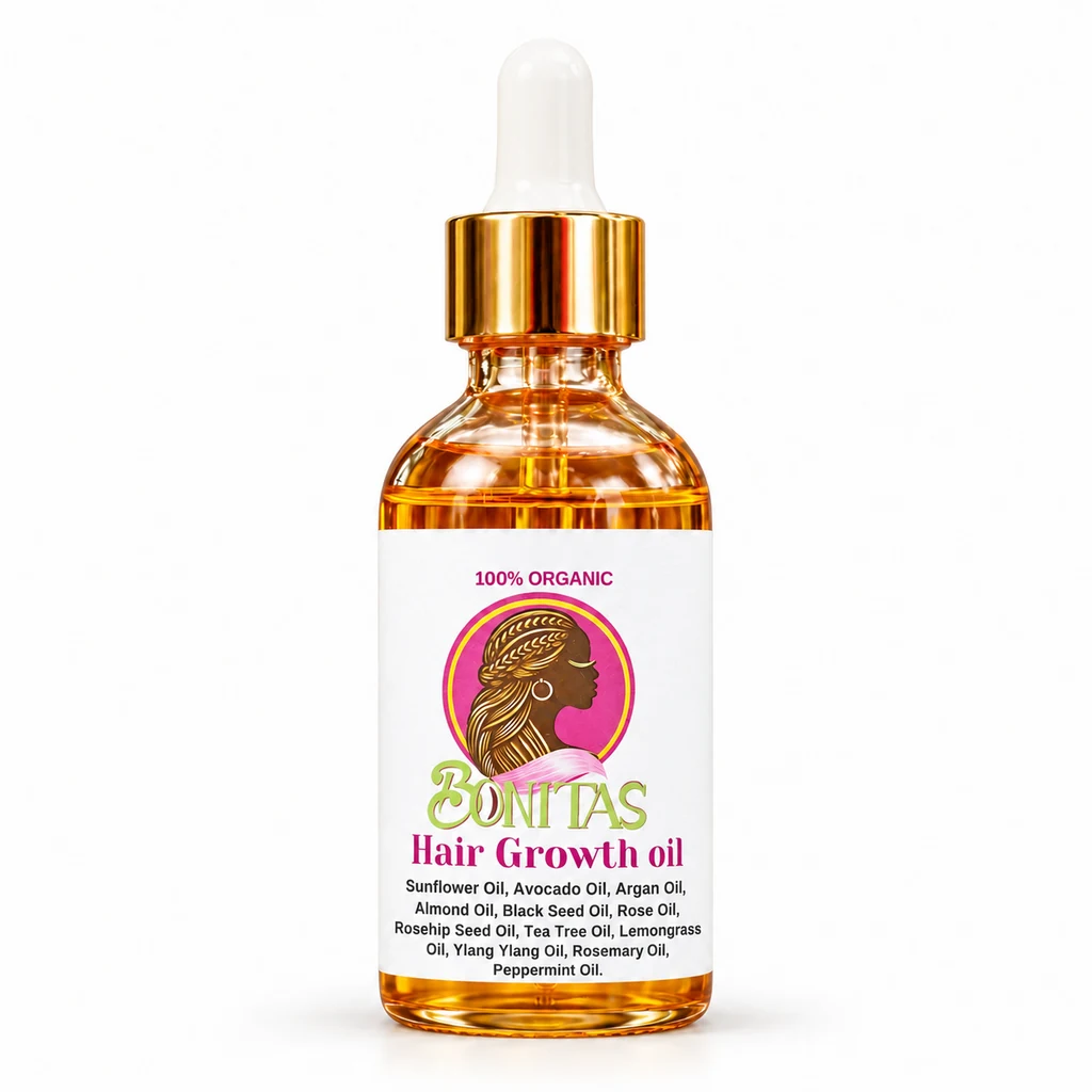 Bonitas Hair Oil bottle on a clean white background with current ingredients
