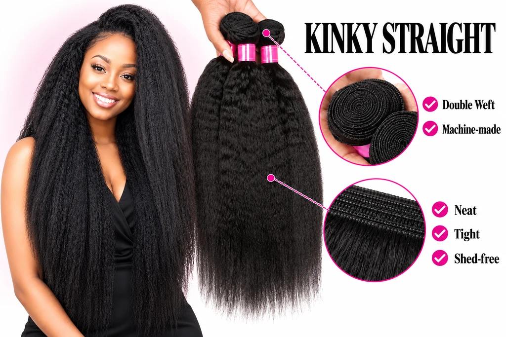 Smiling model in a black top beside Kinky Straight hair bundles