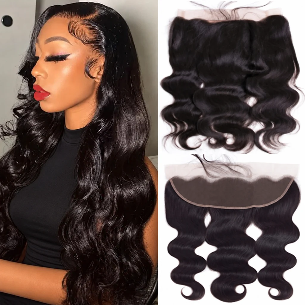 Model in a black top beside lace closure product views