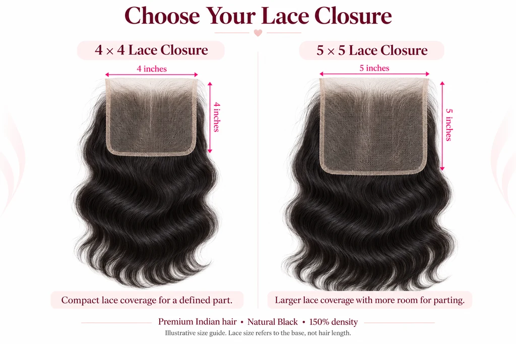 Illustrated comparison of 4 by 4 inch and 5 by 5 inch lace closure bases