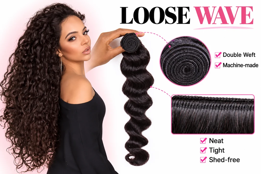 Loose Wave model beside hand-held weft bundle and construction details