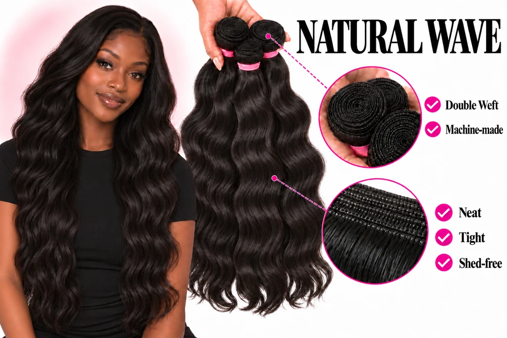 Natural Wave model with relaxed waves and lowered hands beside matching weft bundles and construction details