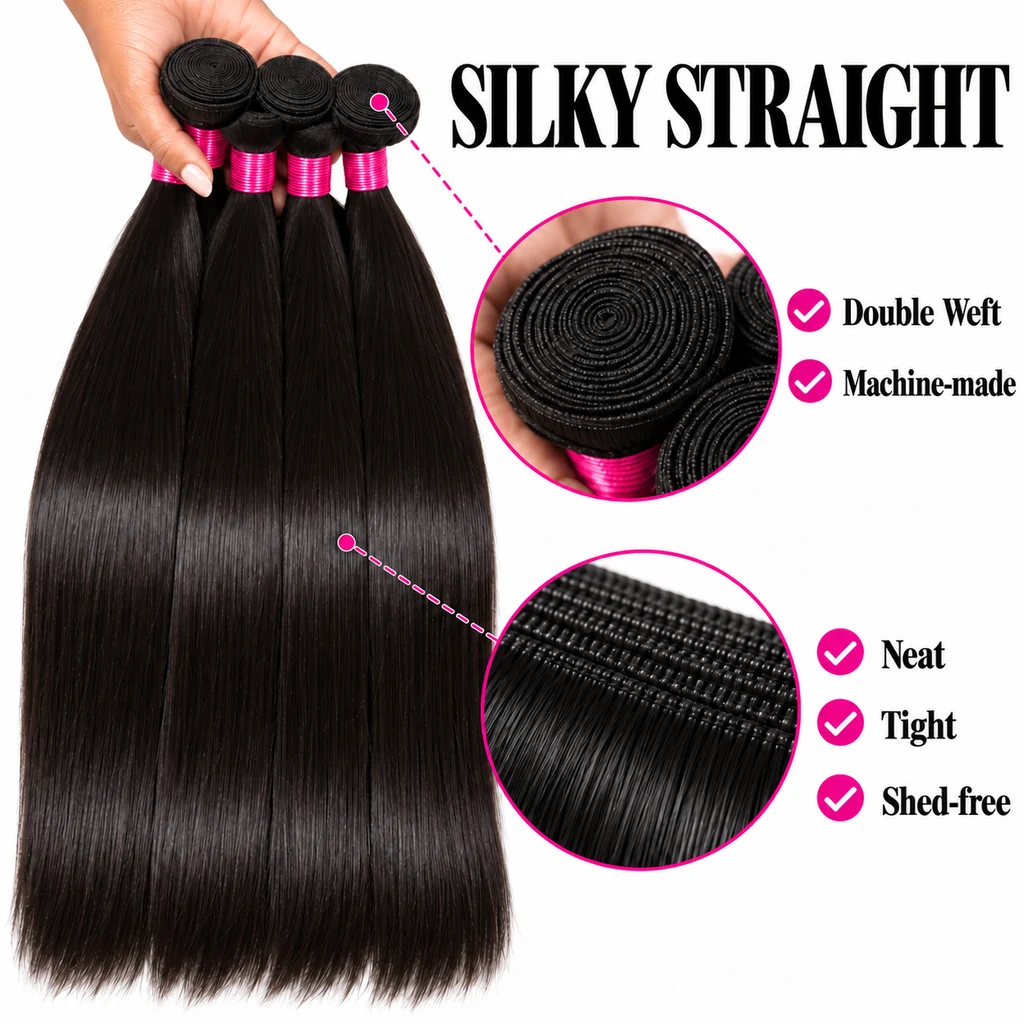 Wefted bundle detail illustration: double weft, machine-made, neat, tight and shed-free