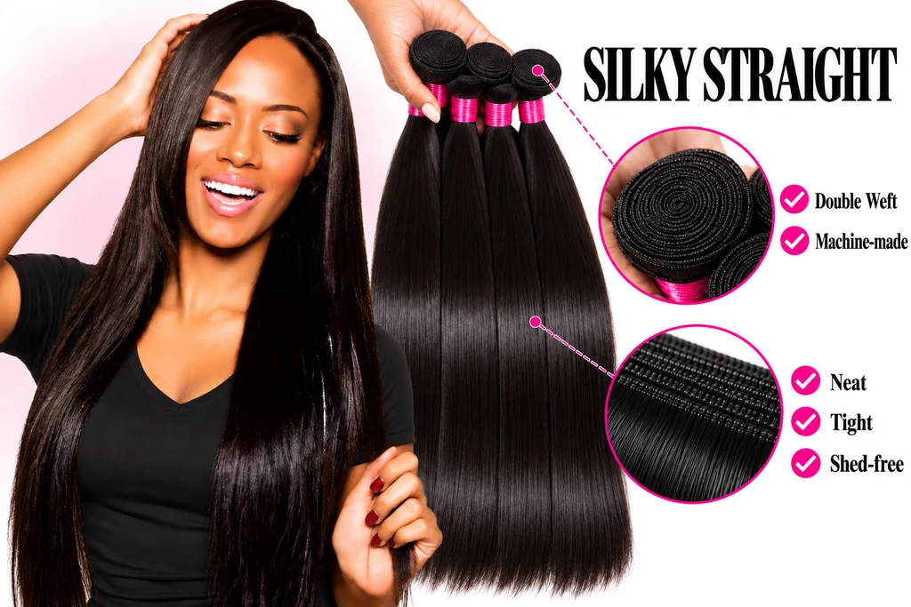 Smiling model in a black top beside Silky Straight hair bundles