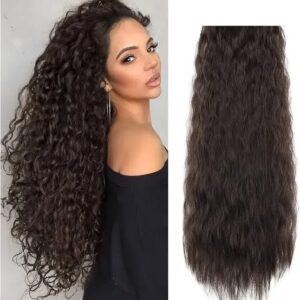 Model wearing long black Loose Wave hair beside a matching hair weft